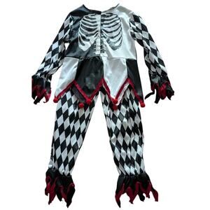 Sinister Jester Costume Girls M 8 10 Clown Pants Top Halloween Harlequin Skull